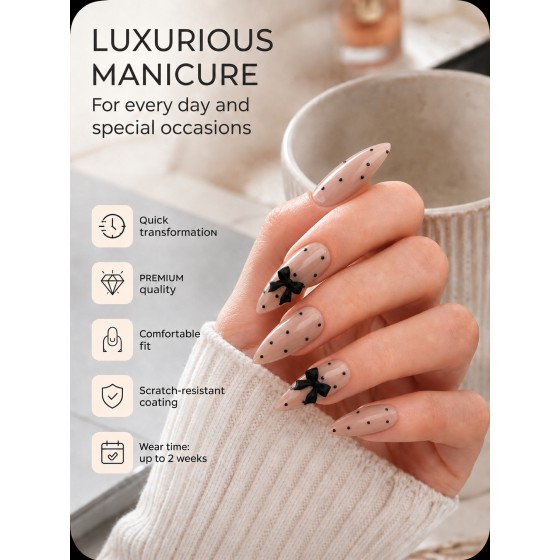 Nude Polka‑Dot Press‑On Nails with 3D Black Bows, Medium‑Long Almond Nails Elegant Luxury False Nails